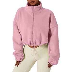 Women's Pink Zip Fleece Warm Winter Long Sleeve Stand Collar Sherpa Jacket